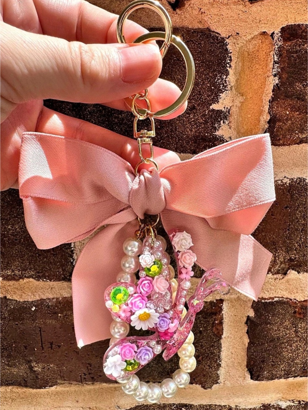 Floral Bow Keychain Pink & White